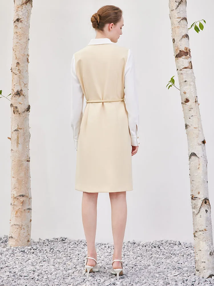 Cream Yellow Double-Layer Patchwork Midi Dress