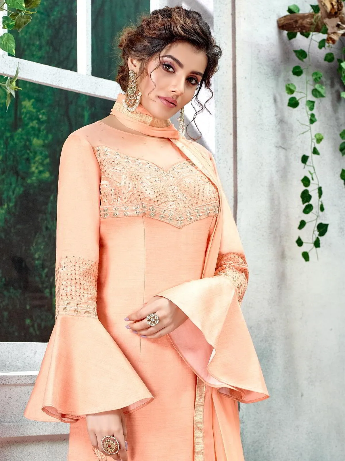 Peach Overall Zari Embroidered Designer Pakistani Palazzo Suit