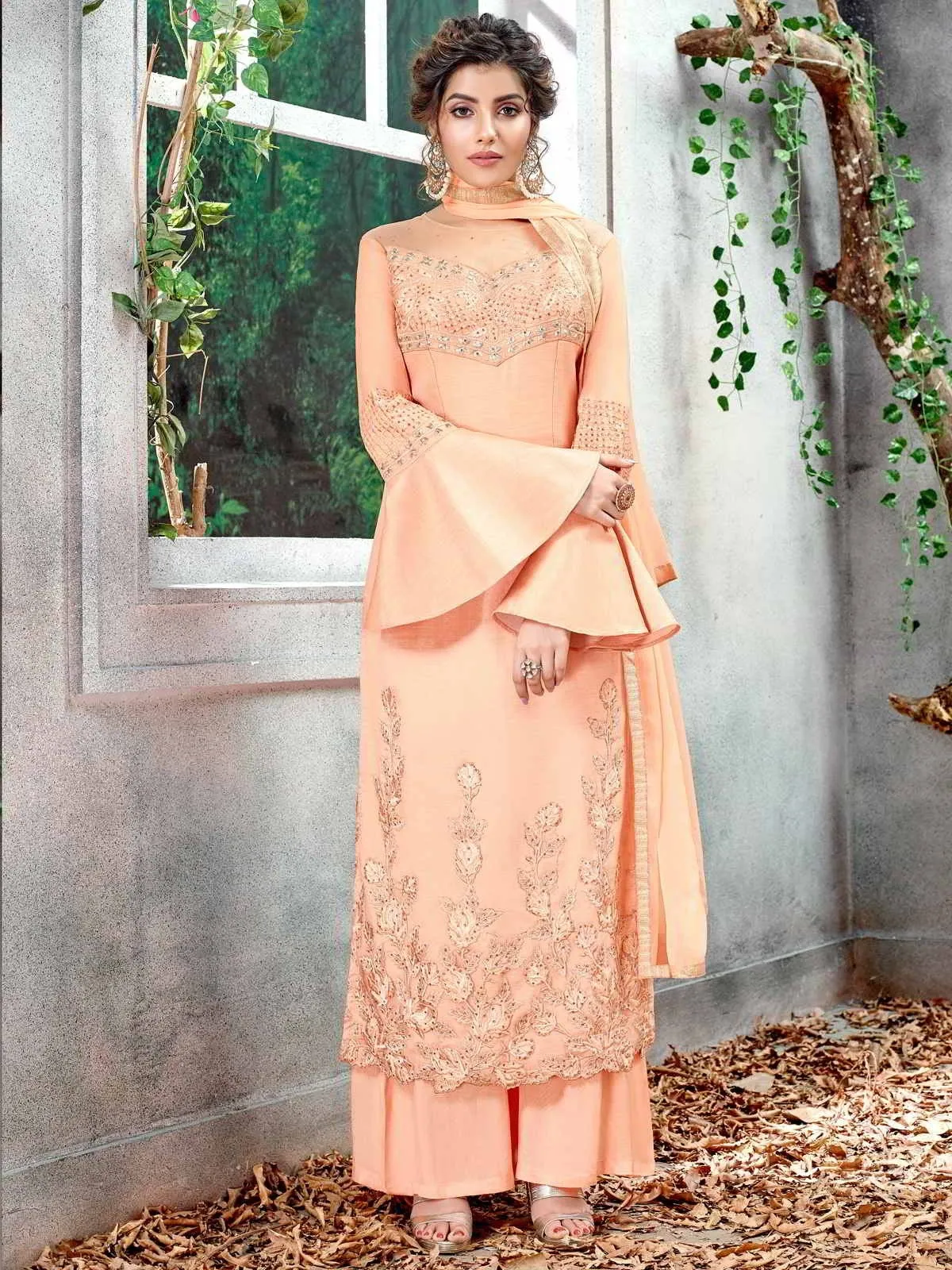 Peach Overall Zari Embroidered Designer Pakistani Palazzo Suit