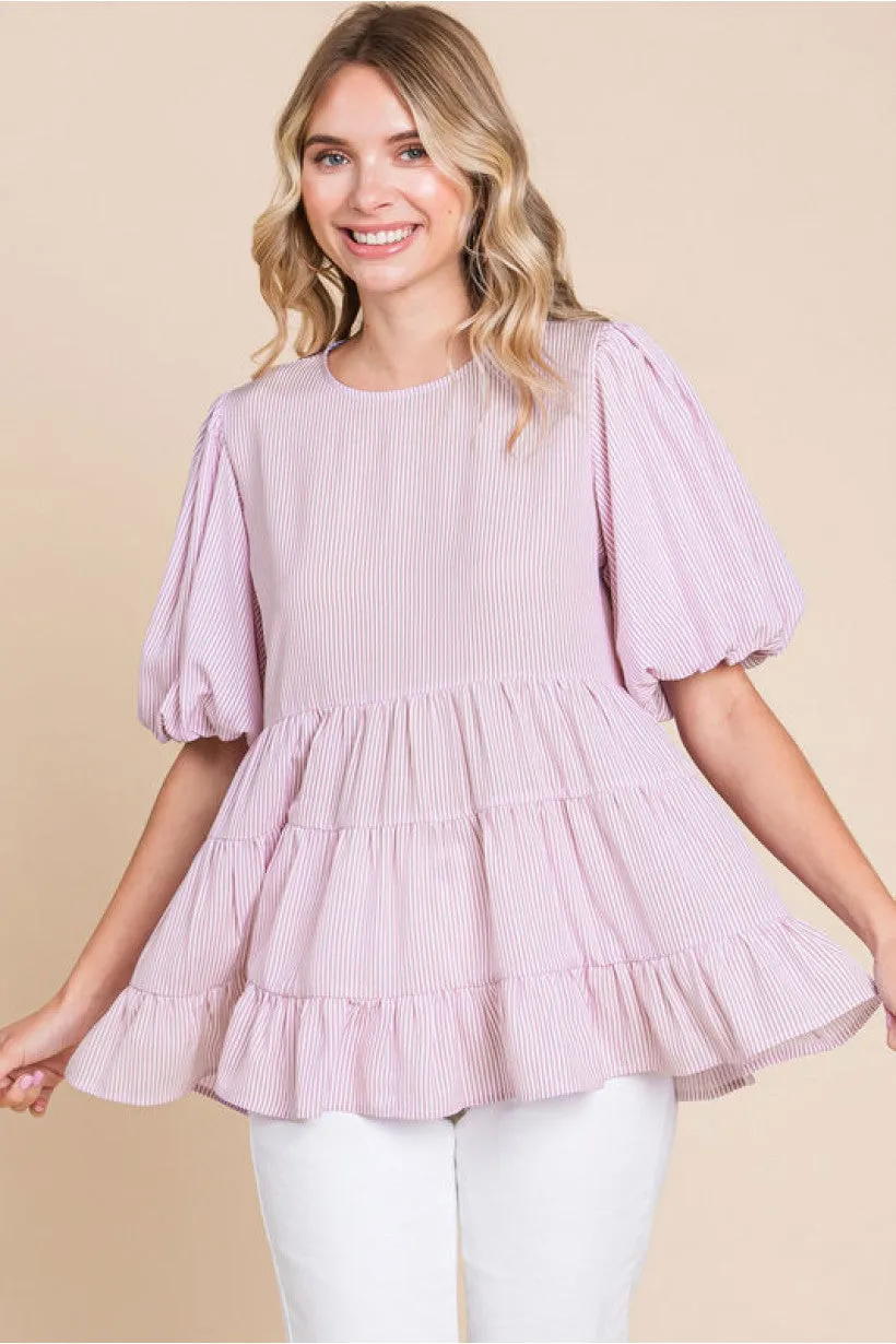 Striped Top W/U-Neck Short Puffed Sleeves