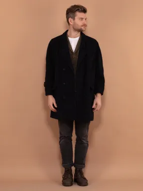Vintage 80's Men Cashmere Wool Blend Coat in Navy Blue