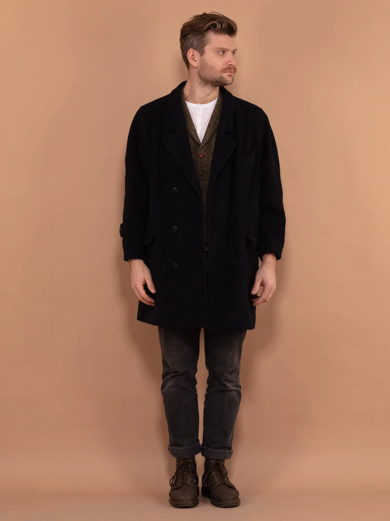 Vintage 80's Men Cashmere Wool Blend Coat in Navy Blue