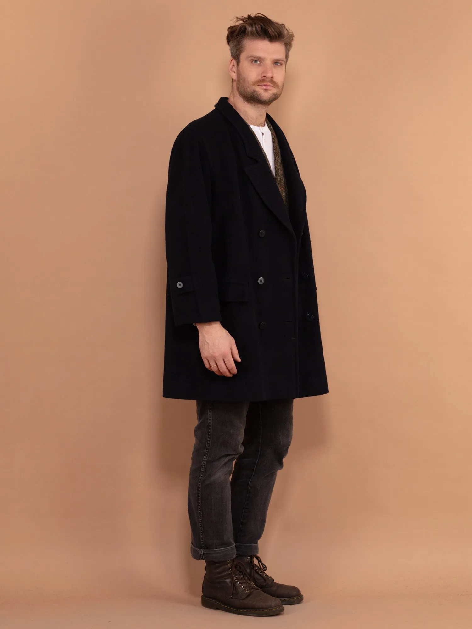 Vintage 80's Men Cashmere Wool Blend Coat in Navy Blue