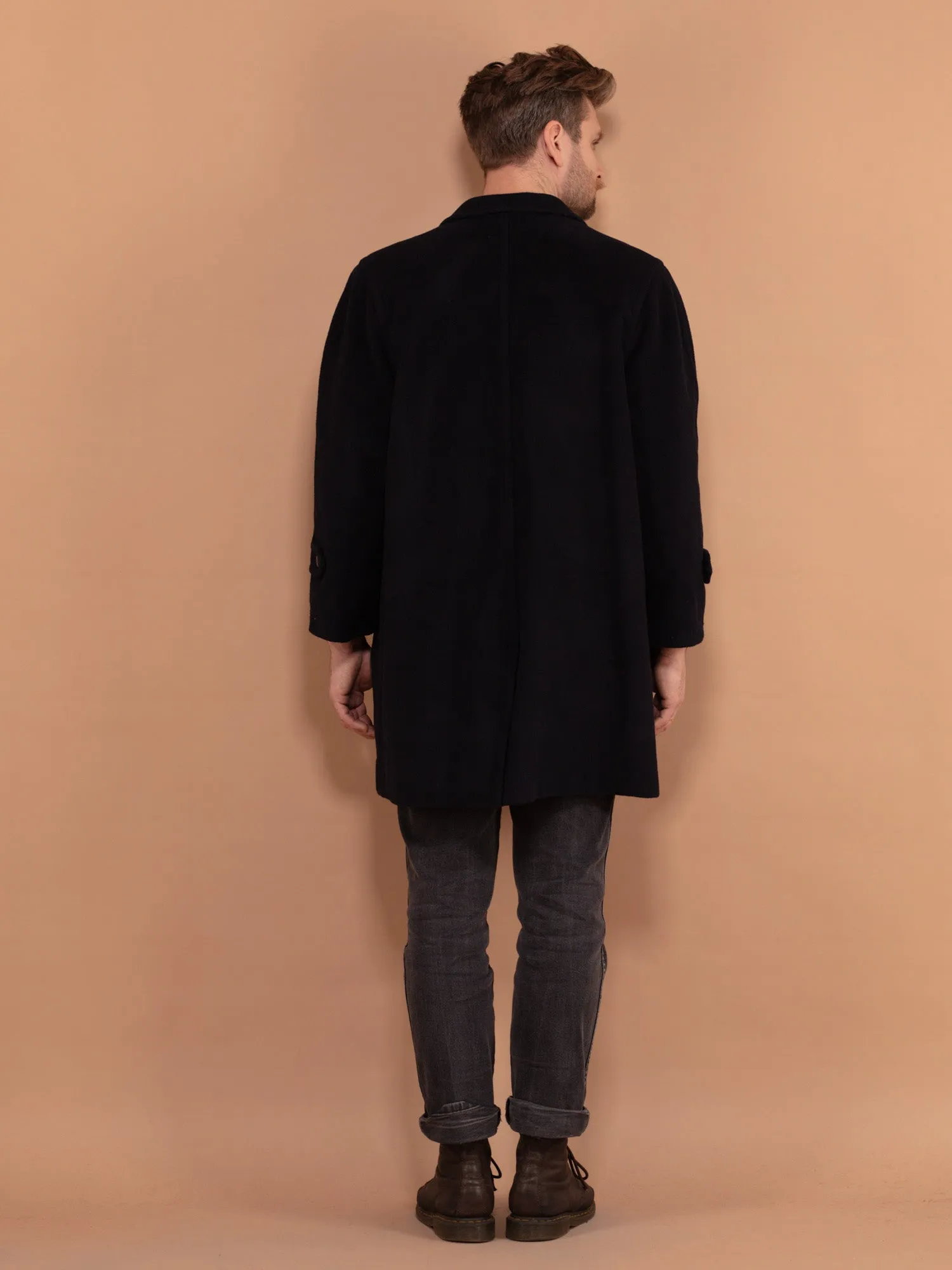 Vintage 80's Men Cashmere Wool Blend Coat in Navy Blue