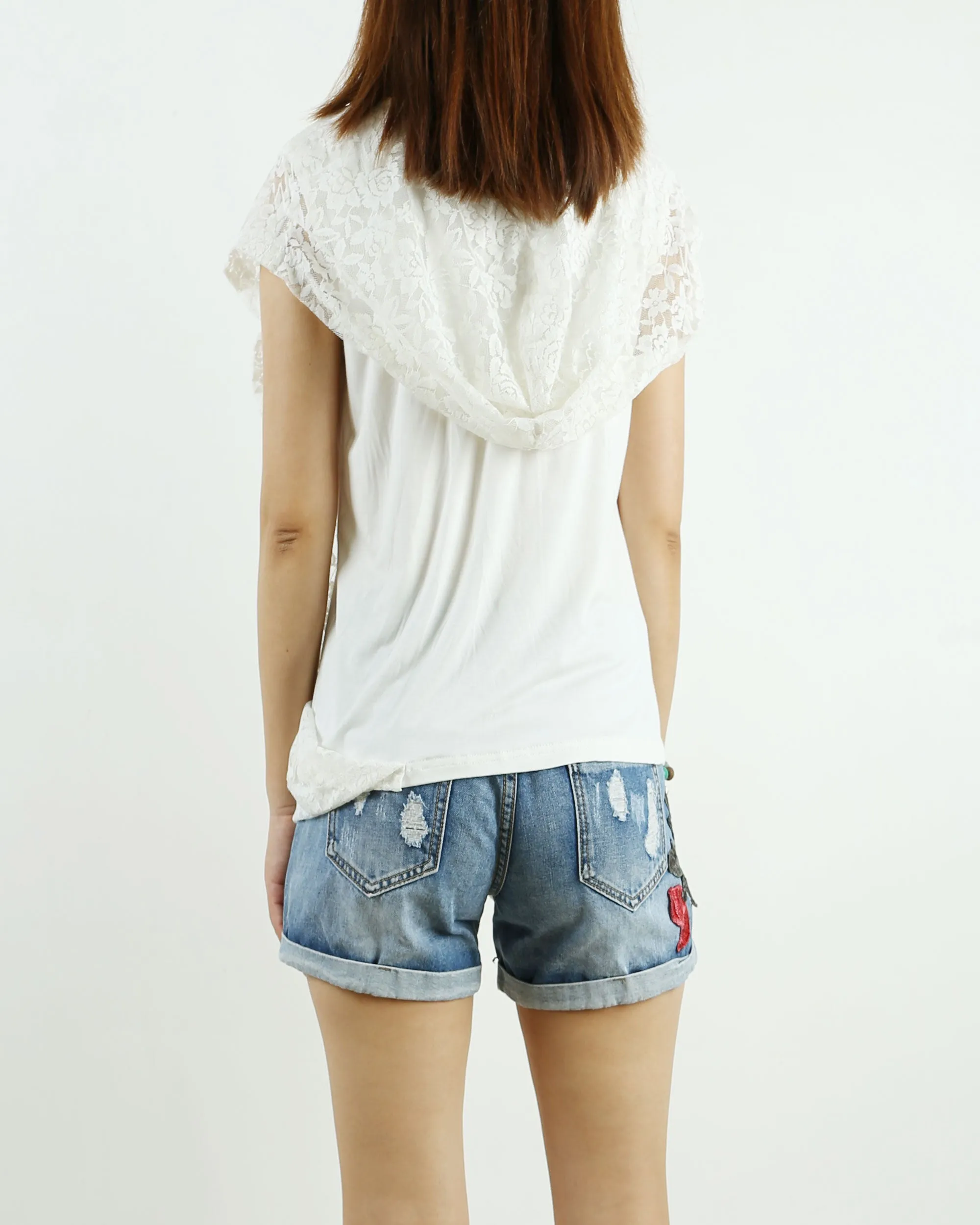 Womens lace modal t-shirt, short sleeve hoodie top, customized T-shirt, asymmetry clothing, Boho t-shirt, Sleeveless top(Y3118S)